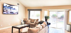Smart TV, fireplace, books