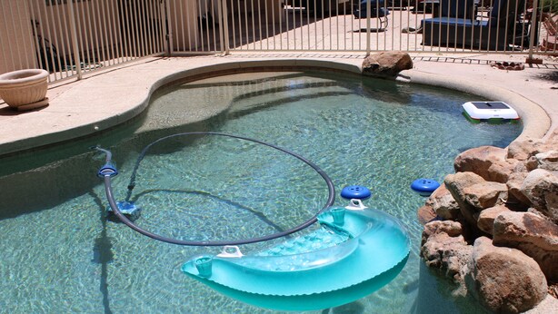 A swimming pool with a blue floating device, clear water, and surrounding rocks. - New Fresh Water Single Level home 2.3 miles to Mayo Clinic, Kierland, WestWorld (Scottsdale)