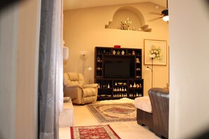 Smart TV, fireplace, books