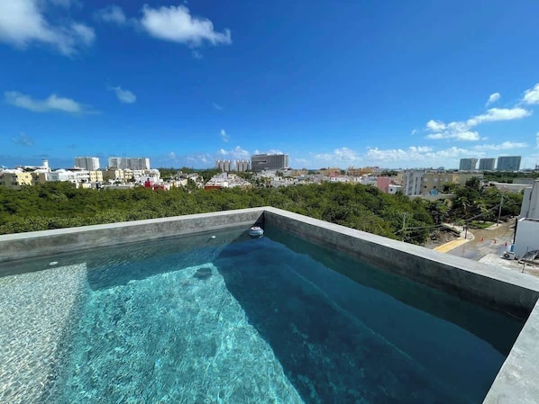 A rooftop infinity pool with a clear view of the city skyline.