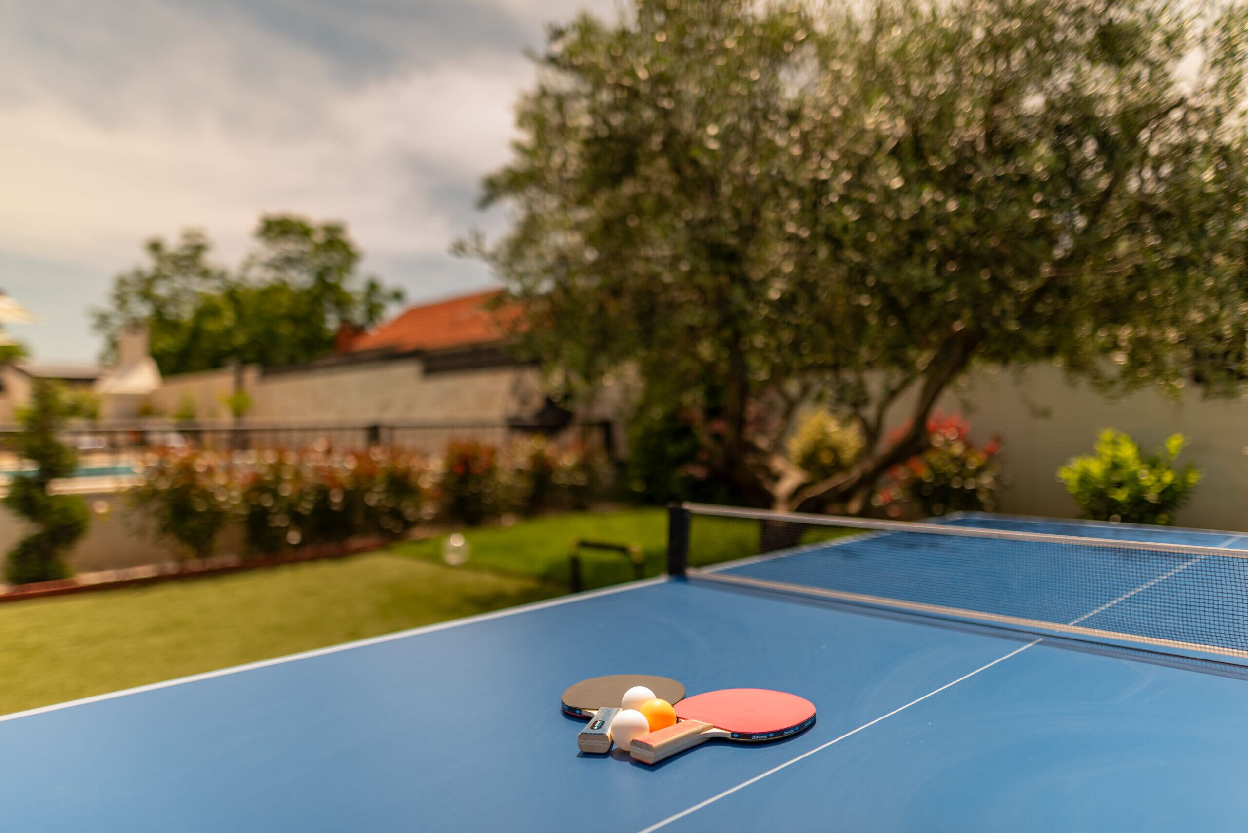 A blue ping pong table with two paddles and a ball in a garden setting.