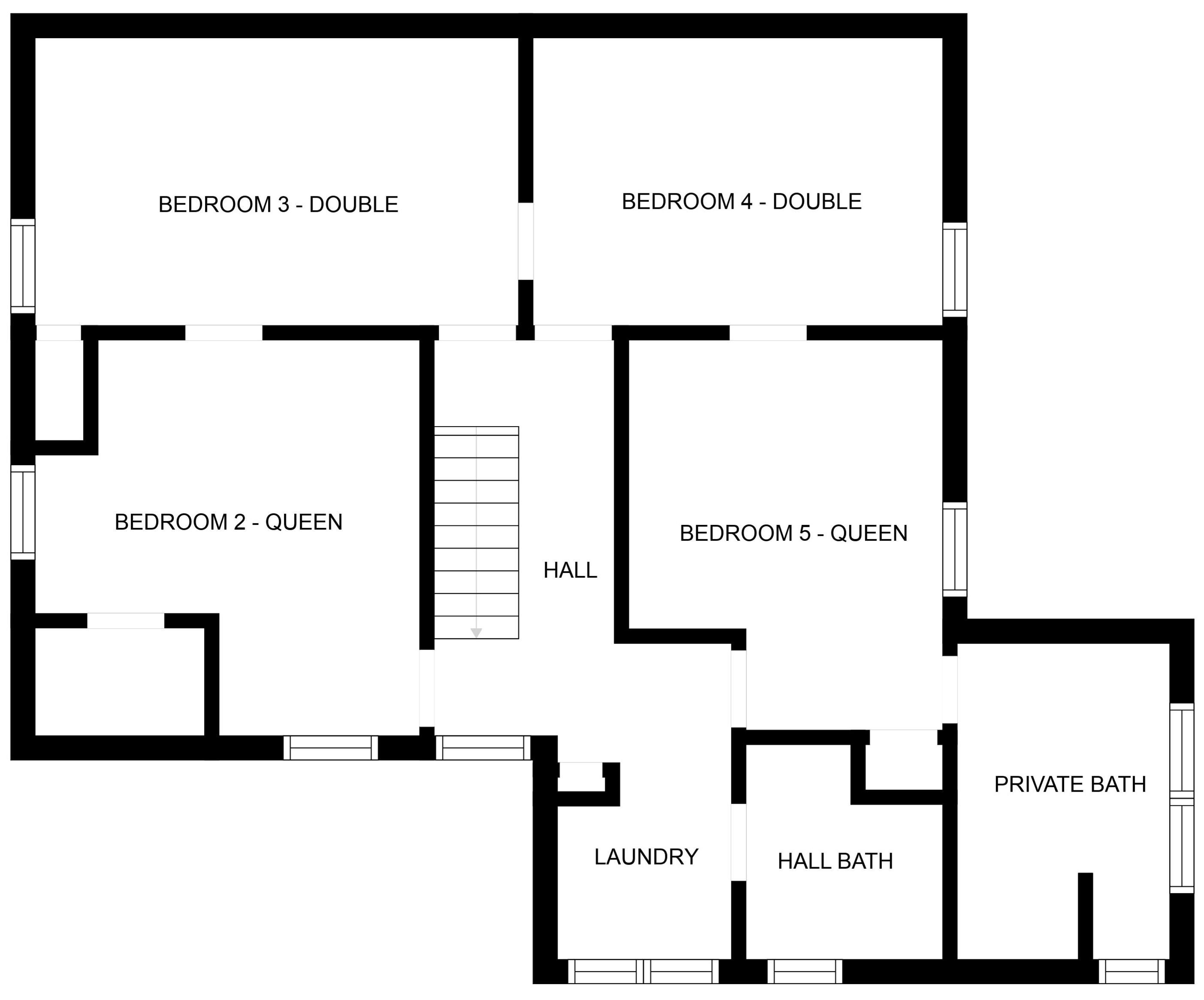 Plano de planta que muestra dos habitaciones con camas dobles, un dormitorio con cama tamaño queen, un pasillo, un baño privado, un área de lavandería y un baño adicional.