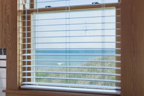 A window with horizontal blinds, a view of the sea, and some greenery outside.