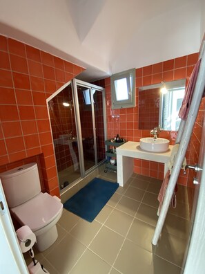 Bathroom features a toilet, shower with glass door, and sink area.