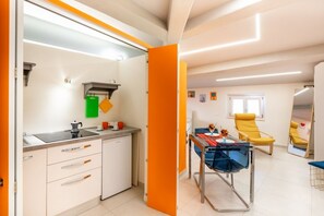 Fridge, stovetop, cookware/dishes/utensils