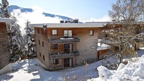 Ein mehrgeschossiges Holzgebäude mit Balkonen, umgeben von verschneitem Gelände und Bäumen, mit Bergen im Hintergrund.