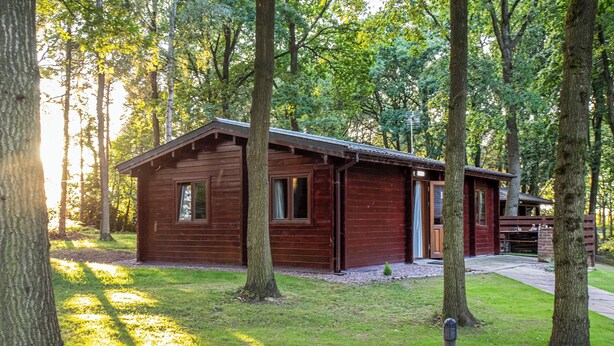 A wooden cabin with a porch, surrounded by trees and a well-maintained lawn.
