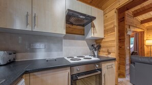 A kitchen with wooden cabinets, a stove, an oven, and a toaster.