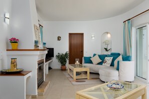Télévision, cheminée, lecteur de DVD, baby-foot