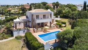 Una casa de dos pisos con piscina, rodeada de abundante vegetación y un cielo azul despejado.