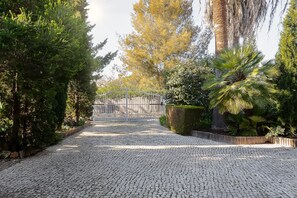 A cobblestone pathway flanked by lush greenery and a metal fence in the distance. - Casa Blanca, 3 bedroom villa with air conditioning and private pool (Carvoeiro)