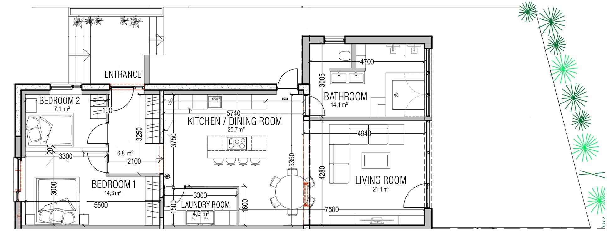 A floor plan of a house with two bedrooms, a kitchen/dining room, a living room, a bathroom, and a laundry room.