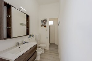 Bathtub, hair dryer, bidet, towels