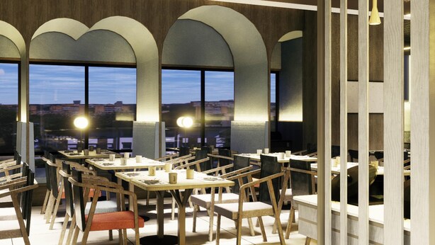 A modern dining area with high tables and chairs, large windows with arched tops, and a view of the cityscape. - Ibis Styles Semarang Simpang Lima (Semarang)