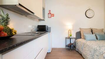 Fridge, microwave, stovetop, coffee/tea maker