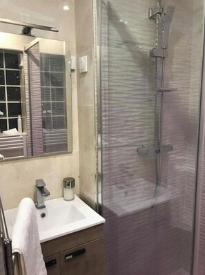 Regadera, secadora de cabello, papel de baño 