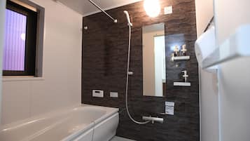 Hair dryer, towels, soap, shampoo
