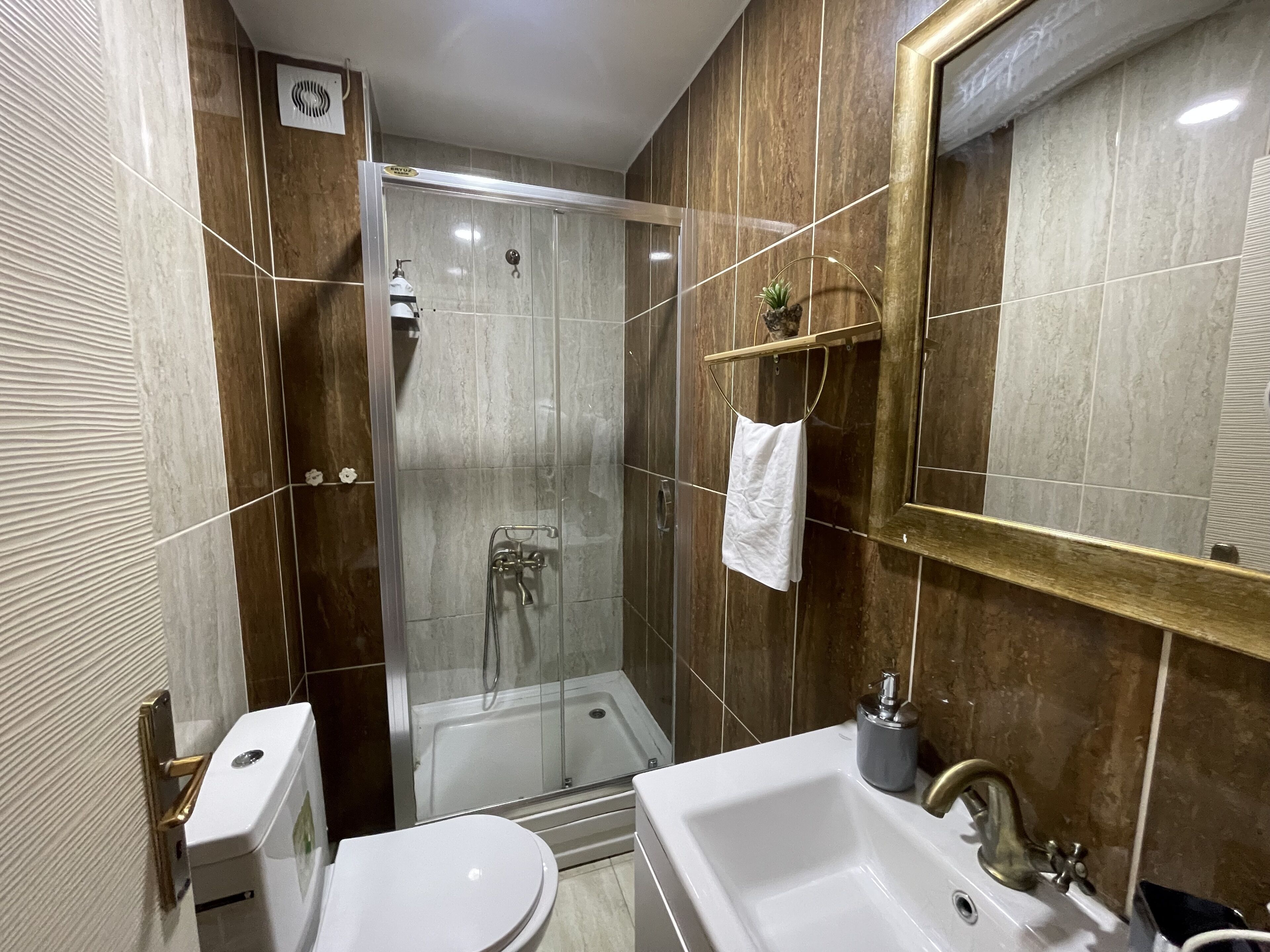 Un baño moderno con ducha de vidrio, inodoro, lavabo y espejo con marco dorado.
