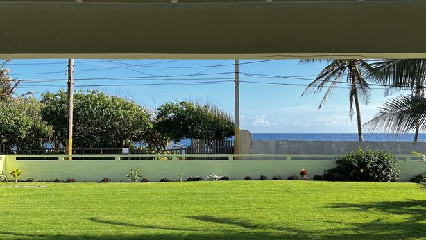 A covered outdoor area with a view of the ocean and a grassy lawn.
