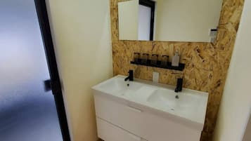 Hair dryer, towels, shampoo