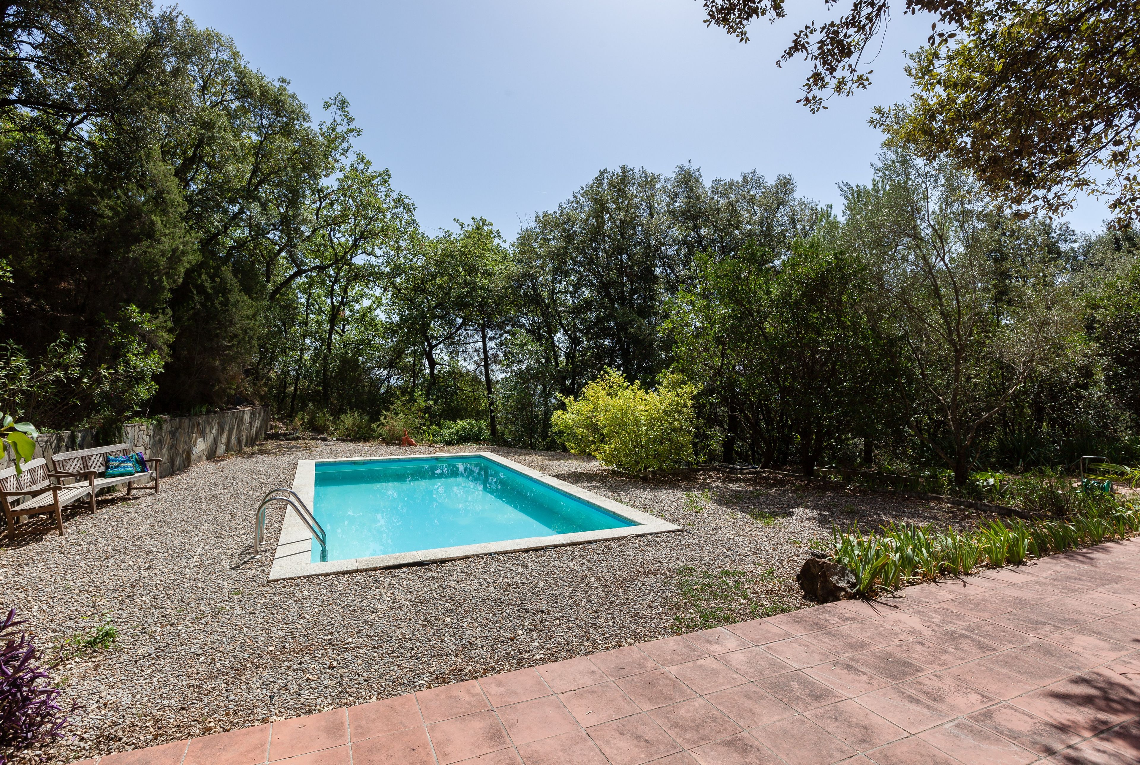A rectangular swimming pool surrounded by gravel, with a wooden bench and a stone wall in the background.