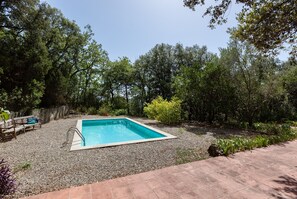 A rectangular swimming pool surrounded by gravel, with a wooden bench and a stone wall in the background.