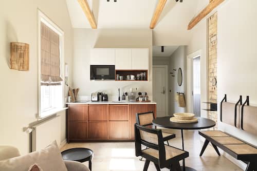 Departamento de lujo, 1 cama King size y sofá cama | Cocina privada | Parrilla de estufa, cafetera y tetera, tostadora y periquera