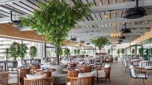 Un'ampia sala da pranzo interna con diversi tavoli e sedie, ampie finestre e piante.