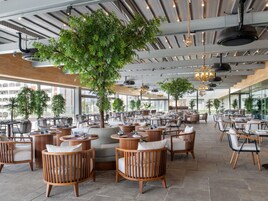 Un vaste espace de restauration intérieur, doté de nombreuses tables et chaises, de grandes fenêtres et de plantes d’intérieur.