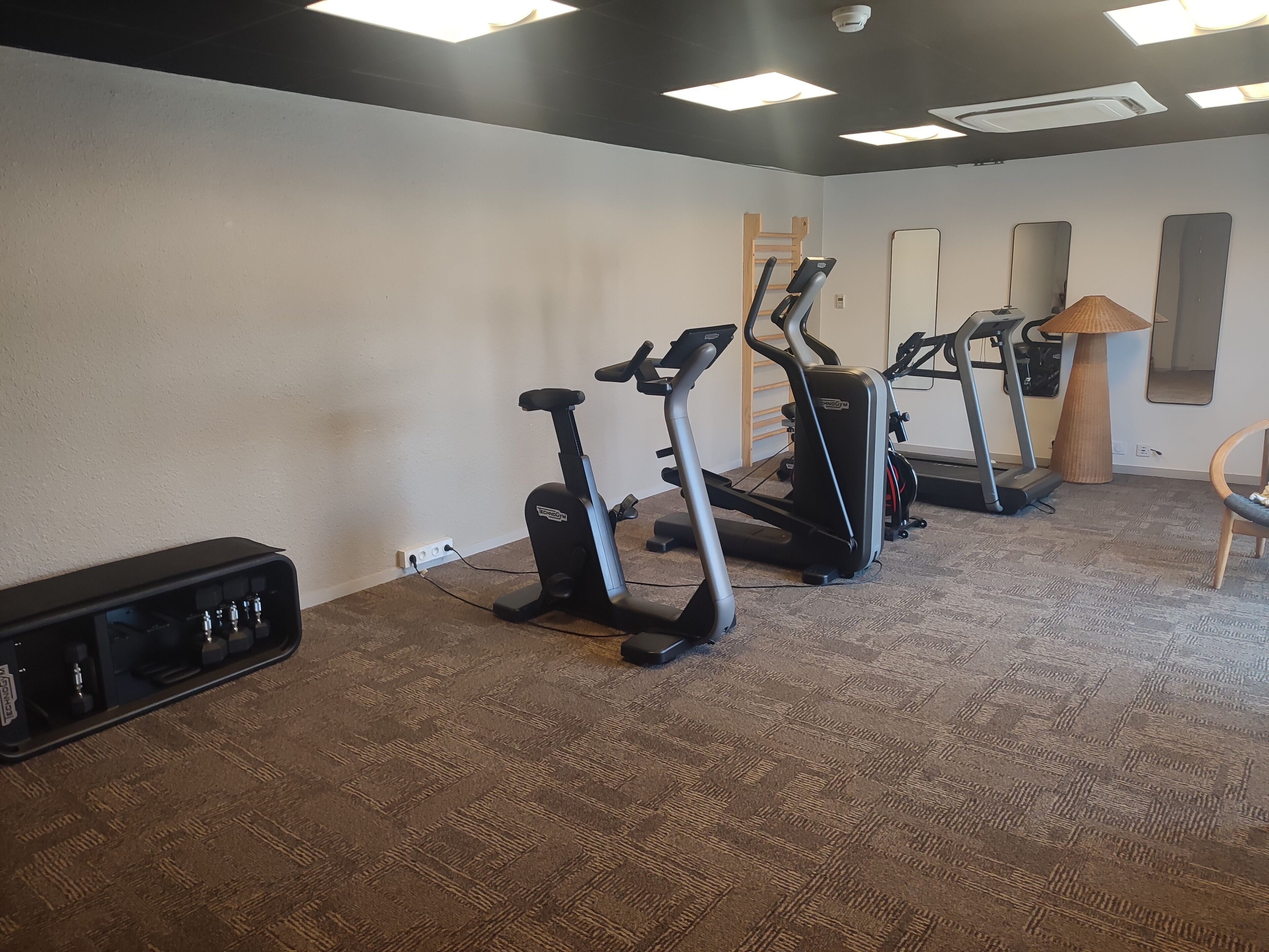 A gym with cardio equipment, a standing bike, and a mirror wall.