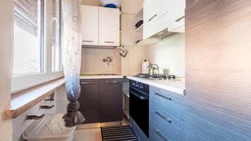 Kühlschrank, Ofen, Herdplatte, Wasserkocher mit Kaffee-/Teezubehör