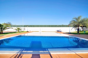 A rectangular swimming pool with a clear blue water surface, surrounded by a tiled deck and palm trees.