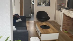 A living room with a sofa, a coffee table, a TV, and a fireplace. - Grand Appartement Terrasse Hypercentre (Poitiers)