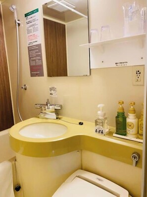 Bathroom features a sink, mirror, toiletries, toilet, and shower.