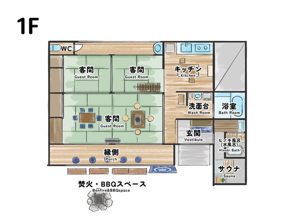 A hotel floor plan with guest rooms, a kitchen, a wash room, a bath room, a vestibule, a Hinoki bath, and a sauna.