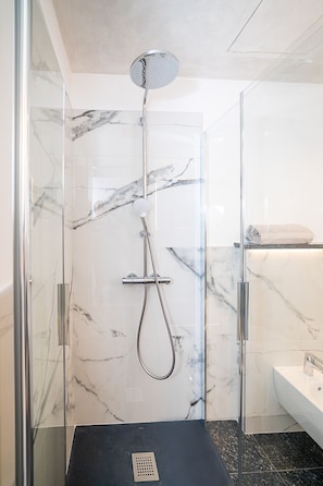 Shower, hair dryer, towels, toilet paper