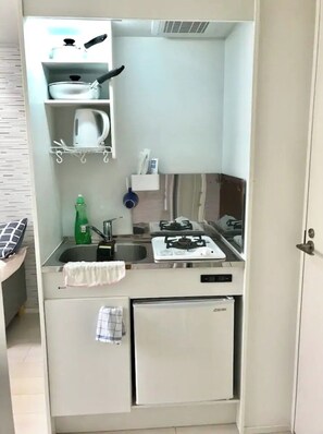 Fridge, stovetop, cookware/dishes/utensils