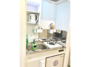 Fridge, stovetop, cookware/dishes/utensils