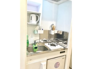 Fridge, stovetop, cookware/dishes/utensils