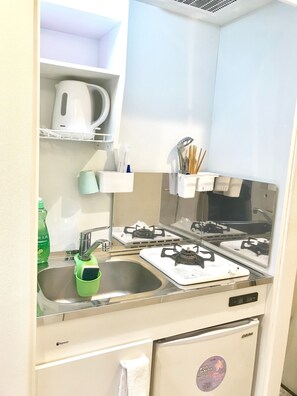 Fridge, stovetop, cookware/dishes/utensils