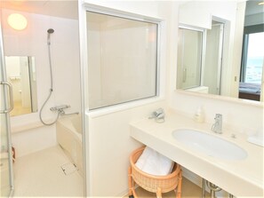 Hair dryer, towels, shampoo