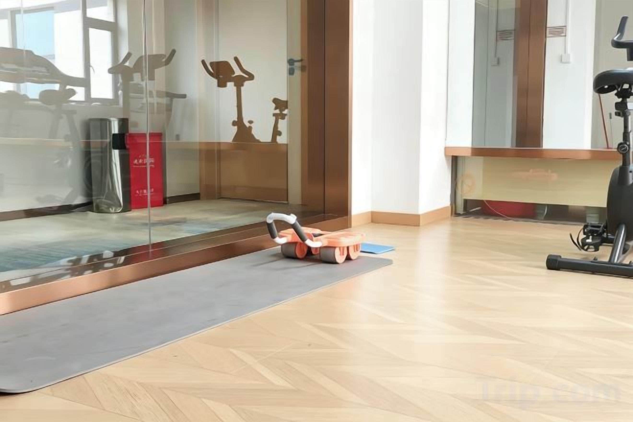 Una habitación con piso de madera, una colchoneta para yoga, una pelota roja de ejercicios y una bicicleta estática negra.