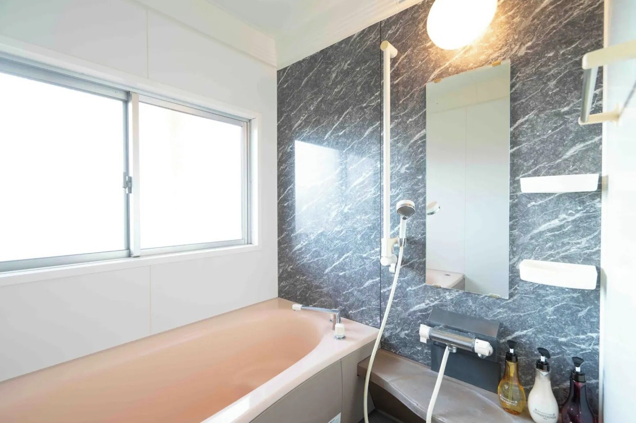Hair dryer, towels, soap, shampoo