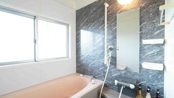Hair dryer, towels, soap, shampoo