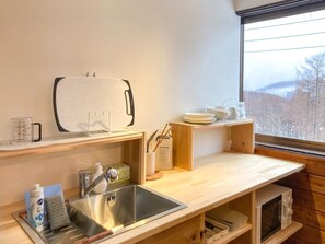 Kühlschrank, Mikrowelle, Herdplatte, Kochgeschirr/Geschirr/Besteck