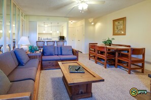 Flat-screen TV, fireplace, DVD player, video library