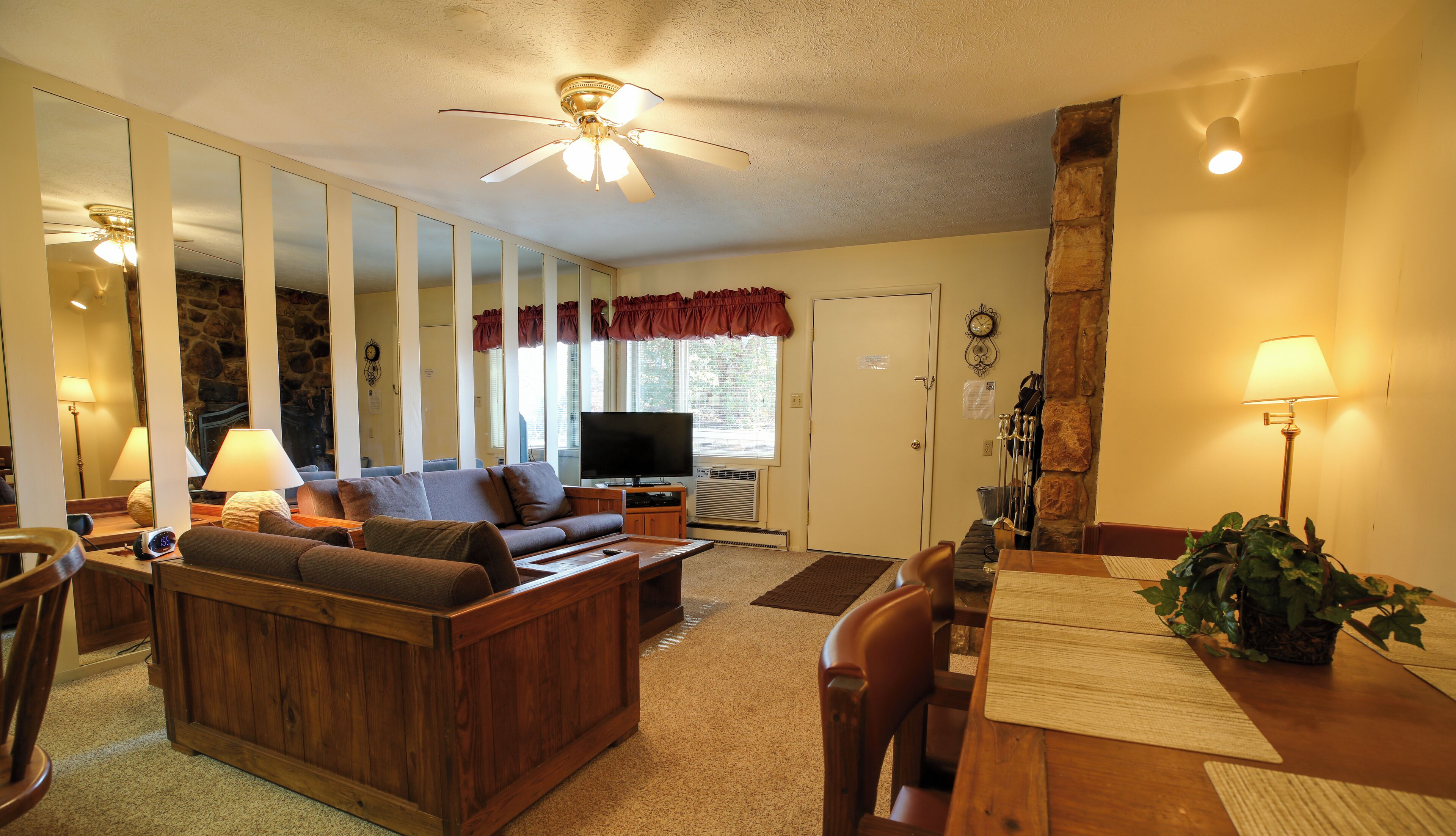 TV, fireplace, video library