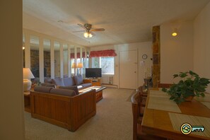 Televisión, chimenea, reproductor de DVD y videoteca