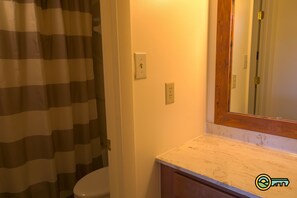 Combined shower/bathtub, hair dryer, towels, toilet paper