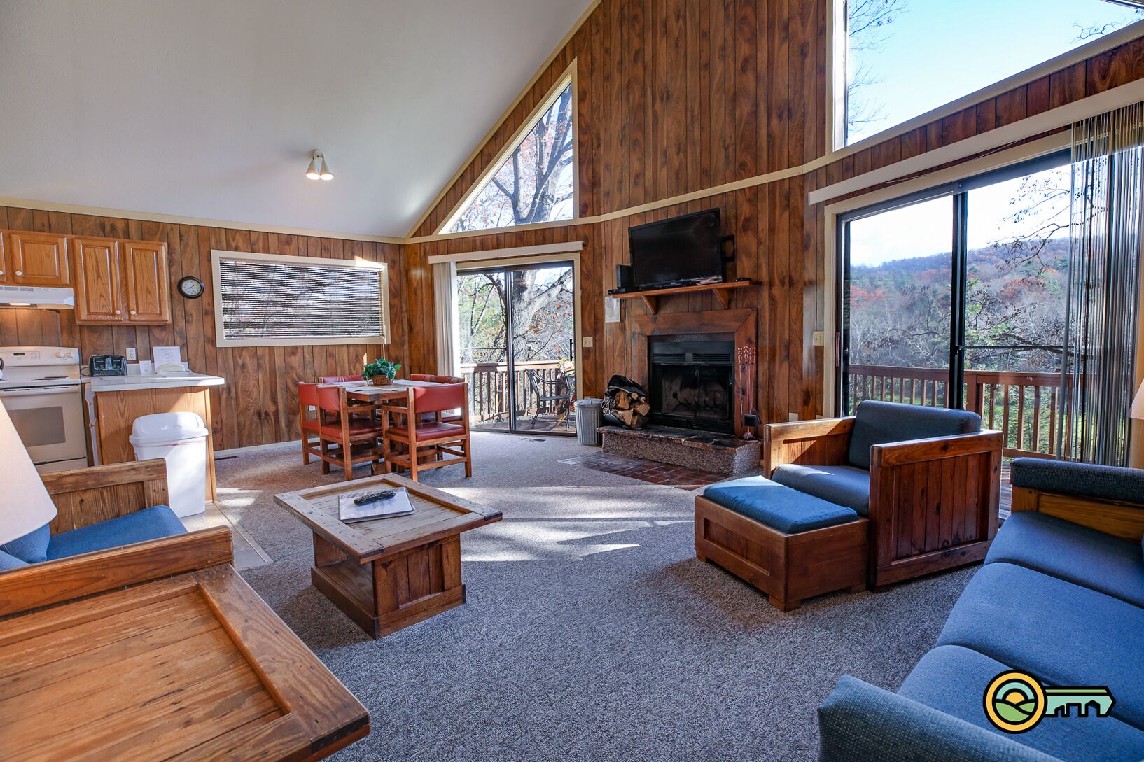 Télévision, cheminée, lecteur de DVD, vidéothèque